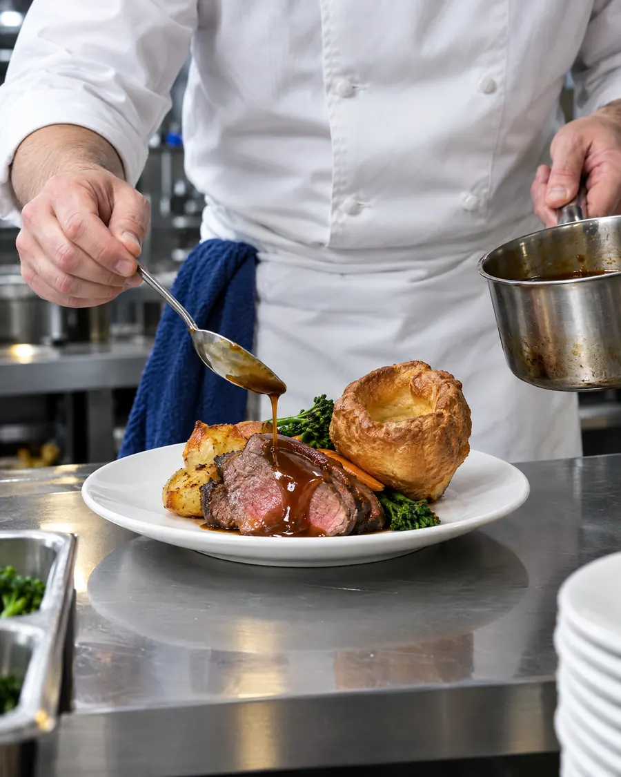 A chef spooning gravy over roast beef and a Yorkshire pudding on the pass